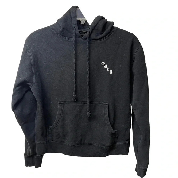 Obey Worldwide black hoodie, S. White roses down side of both arms. Preloved. - Picture 3 of 6